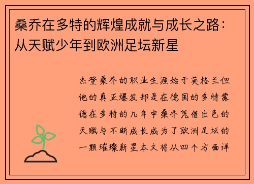 桑乔在多特的辉煌成就与成长之路：从天赋少年到欧洲足坛新星